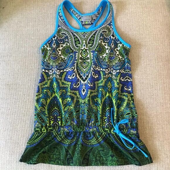 Athleta Blue Green Paisley Drawstring Racerback Swim Top - Picture 1 of 13